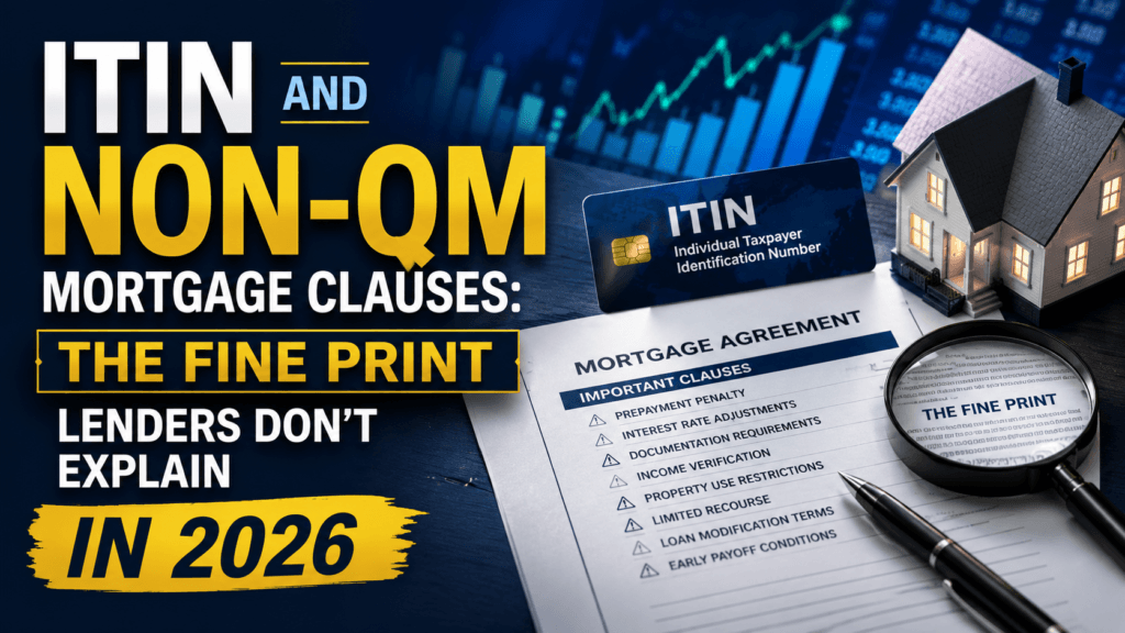 ITIN and Non-QM mortgage concept featuring a home, mortgage agreement, financial charts, and fine print clauses lenders may not explain in 2026.