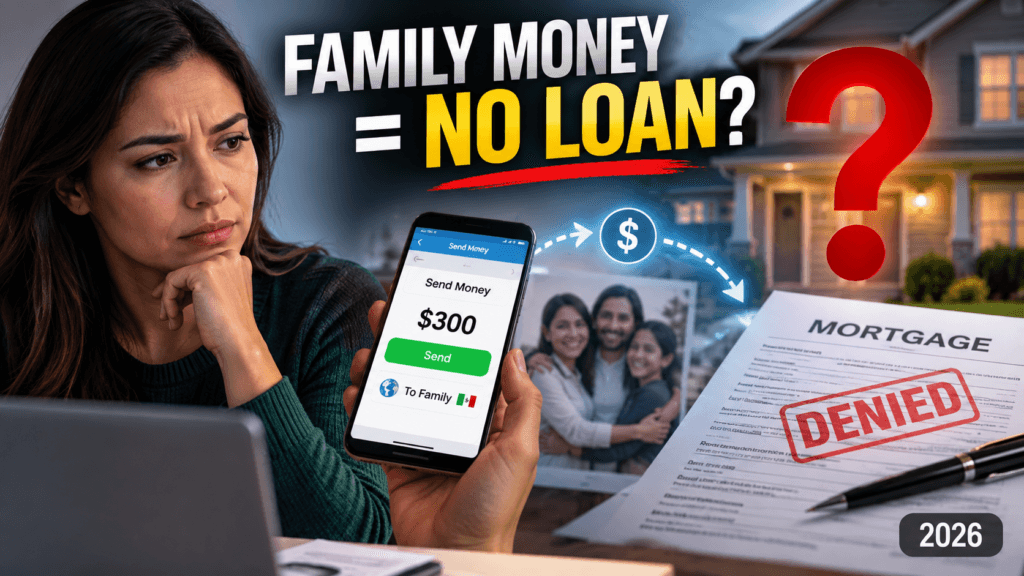 Concerned woman holding a smartphone showing a family money transfer, with a mortgage document stamped “DENIED” and a house in the background, illustrating how sending money to family may affect mortgage approval in 2026.